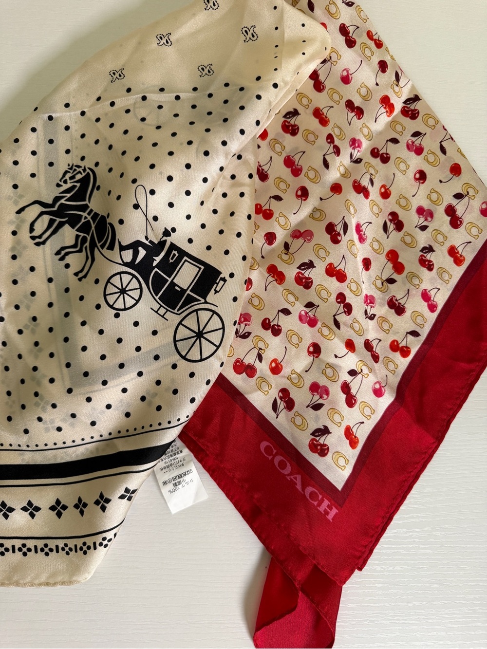 COACH 2 Silk Scarf set of 2 Cherry & Horses and Carriage